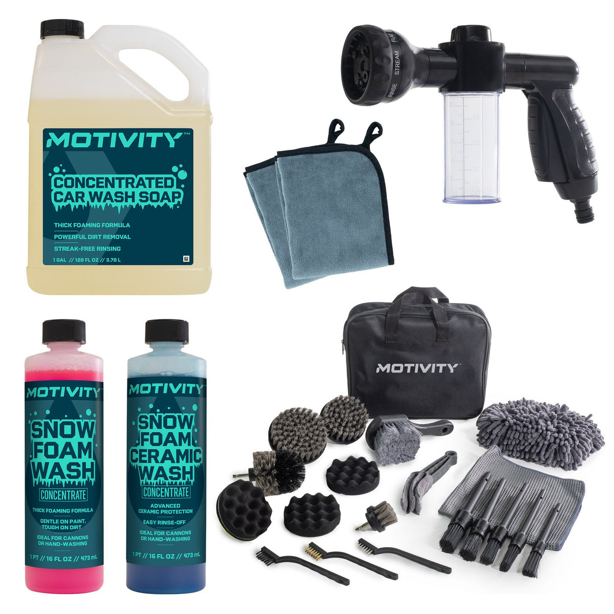 MOTIVITY Ultimate Car Wash & Detailing Kit - Includes Car Wash Soap, Snow Foam & Ceramic Washes, Spray Nozzle, 21-Piece Detailing Kit, and 2 Microfiber Cleaning Cloths-0